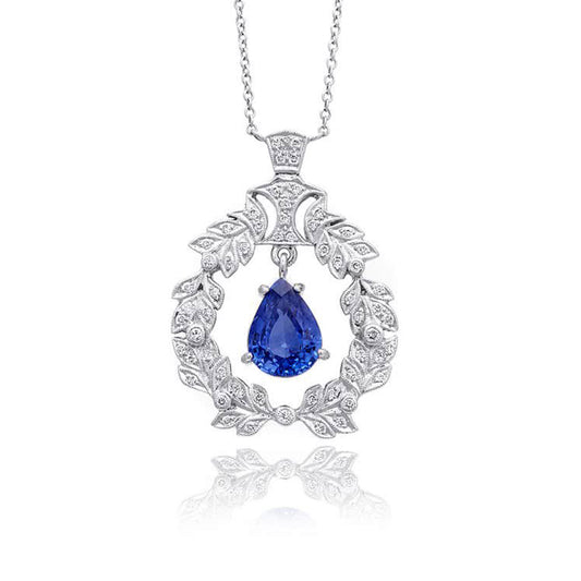 18K White Gold 2.4ct TGW Blue Sapphire and White Diamond Pendant Necklace