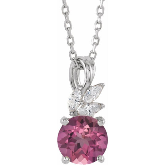 14k White Gold Natural Pink Tourmaline & 1/10 CTW Natural Diamond 16-18" Necklace