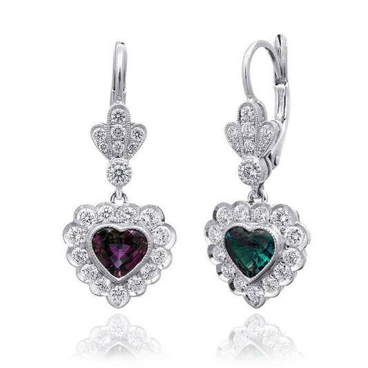 Platinum 1.71ct TGW Alexandrite and White Diamond Dangling Heart Earrings