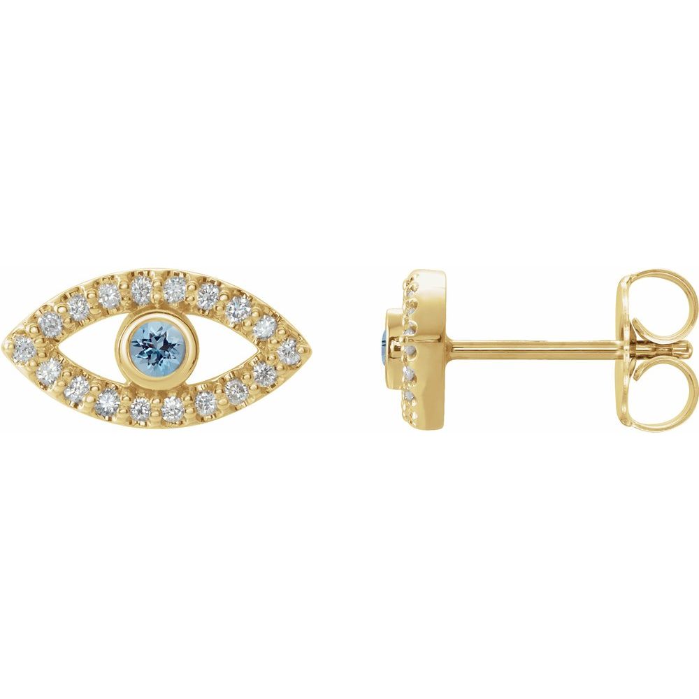 14k Yellow Gold Natural Aquamarine & Natural White Sapphire Evil Eye Earrings