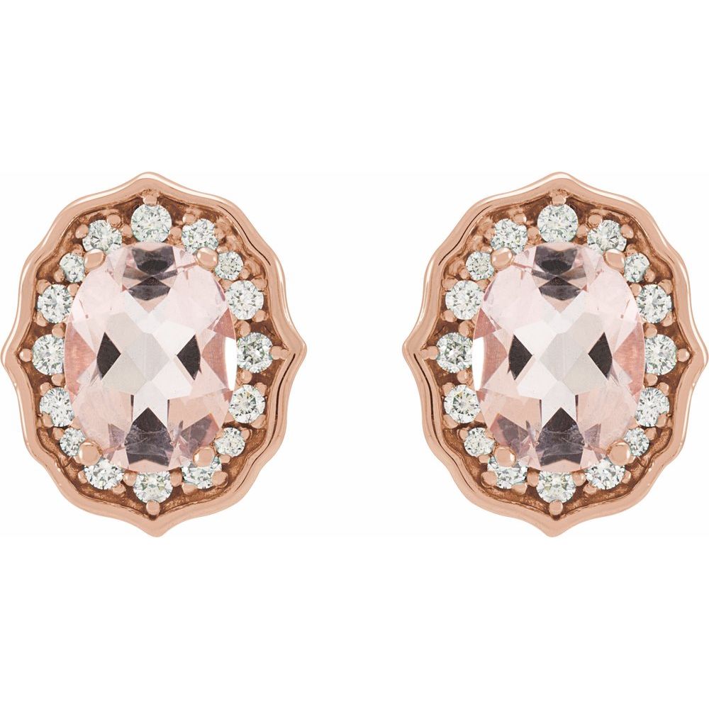 14k Rose Gold Natural Peach Morganite & 1/3 CTW Diamond Earrings