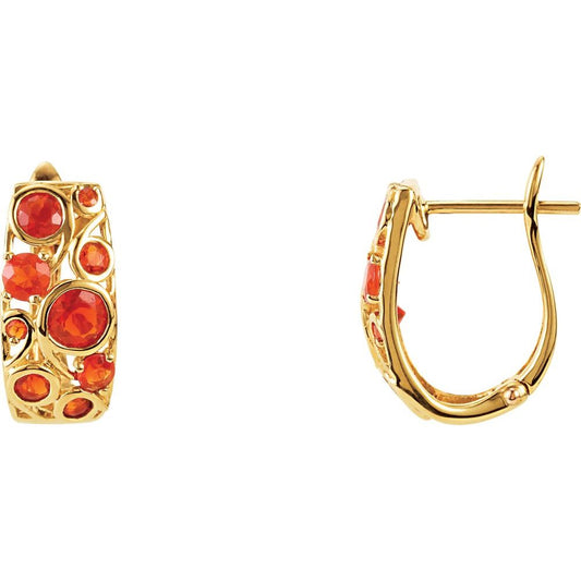 14k Yellow Gold Natural Mexican Fire Opal Hoop Earrings