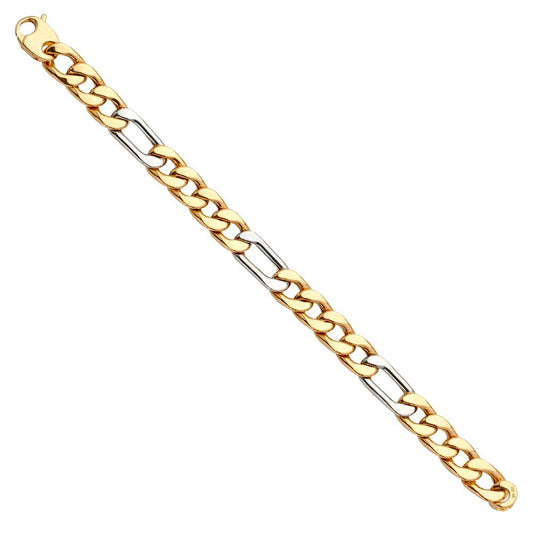 14K Two-Tone Gold Fancy Hollow Elongated Figaro 7.75" Ladies Bracelet