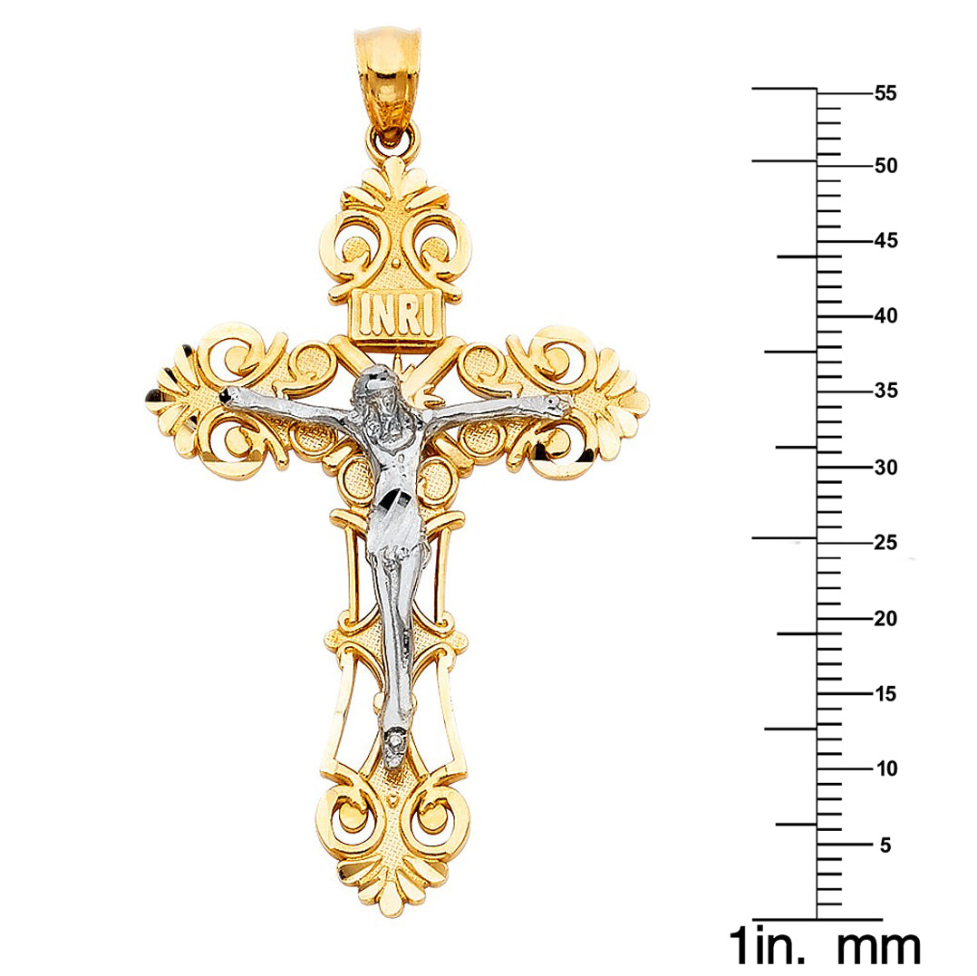 14k Two-tone Gold Fancy Crucifix Cross Pendant with 2.3mm Figaro Chain