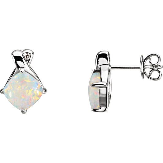 14k White Gold Natural White Opal & .02 CTW Natural Diamond Earrings