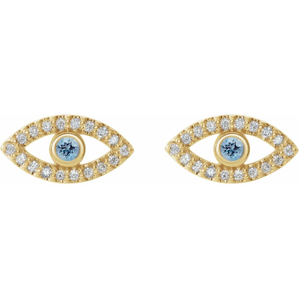 14k Yellow Gold Natural Aquamarine & Natural White Sapphire Evil Eye Earrings