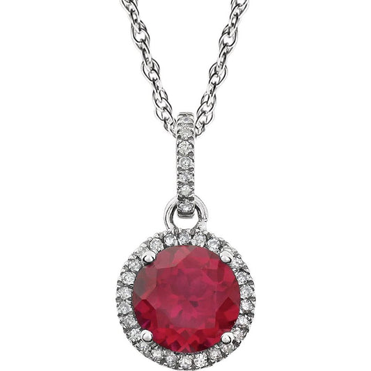 14k White Gold Lab-Grown Ruby & 1/10 CTW Natural Diamond 18" Necklace