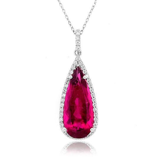 14K White Gold 5.32ct TGW Pear-cut Purplish Red Rubellite and Diamond One-of-a-Kind Necklace