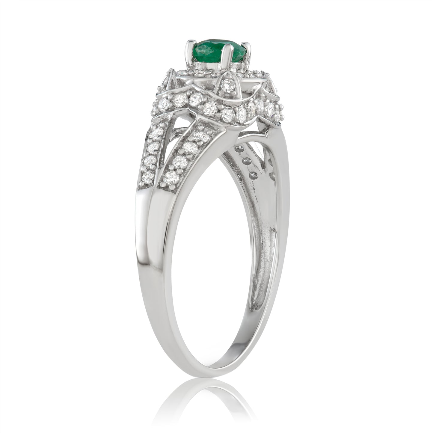 14K White Gold 1.00ct TW Emerald and White Diamond Engagement Ring