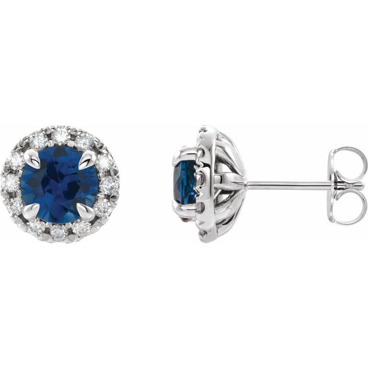 14k White Gold 4 mm Natural Blue Sapphire & 1/5 CTW Natural Diamond Halo-Style Earrings