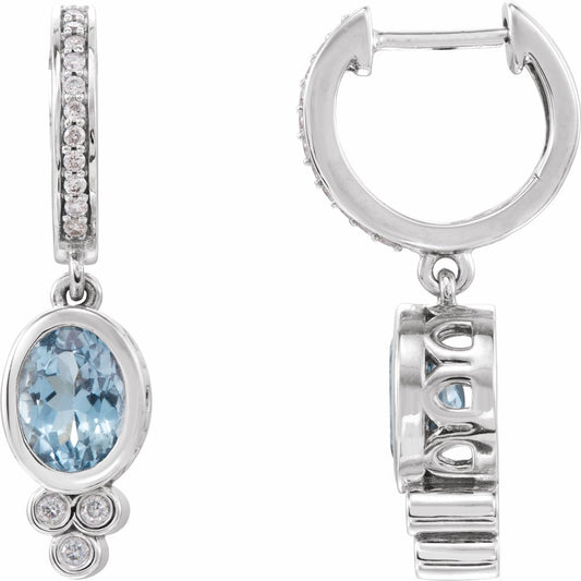 14k White Gold Natural Aquamarine & 1/6 CTW Natural Diamond Hoop Earrings