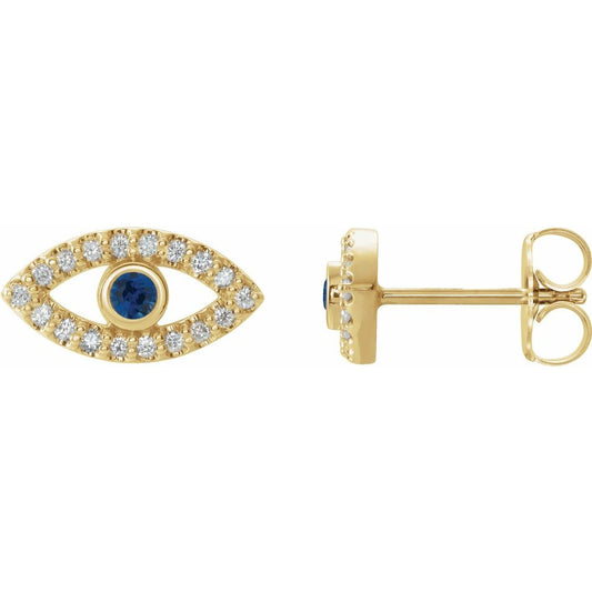 14k Yellow Gold Natural Blue Sapphire & Natural White Sapphire Evil Eye Earrings