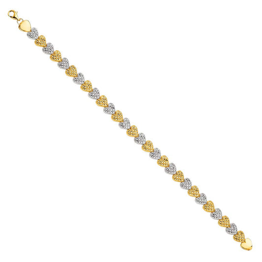 14k Two-Tone Diamond-Cut Heart-Shape 7.5" Ladies Bracelet