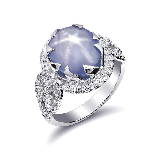 14K White Gold 7.36ct TGW Star Sapphire and Diamond One-of-a-Kind Ring