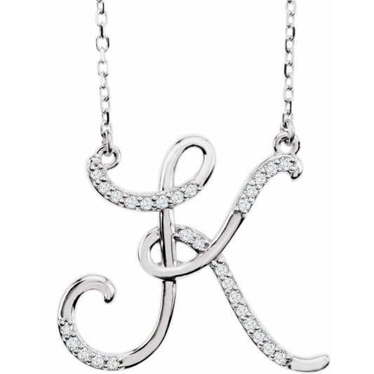 Unisex 14K White Gold 1/10 CTW White Diamond Natural Diamond Initial Necklace Initial K Pendant Necklace