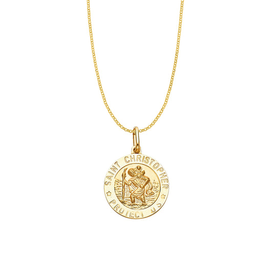 14k Yellow Gold Saint Christopher Round Medallion with 1.6mm Rolo Chain