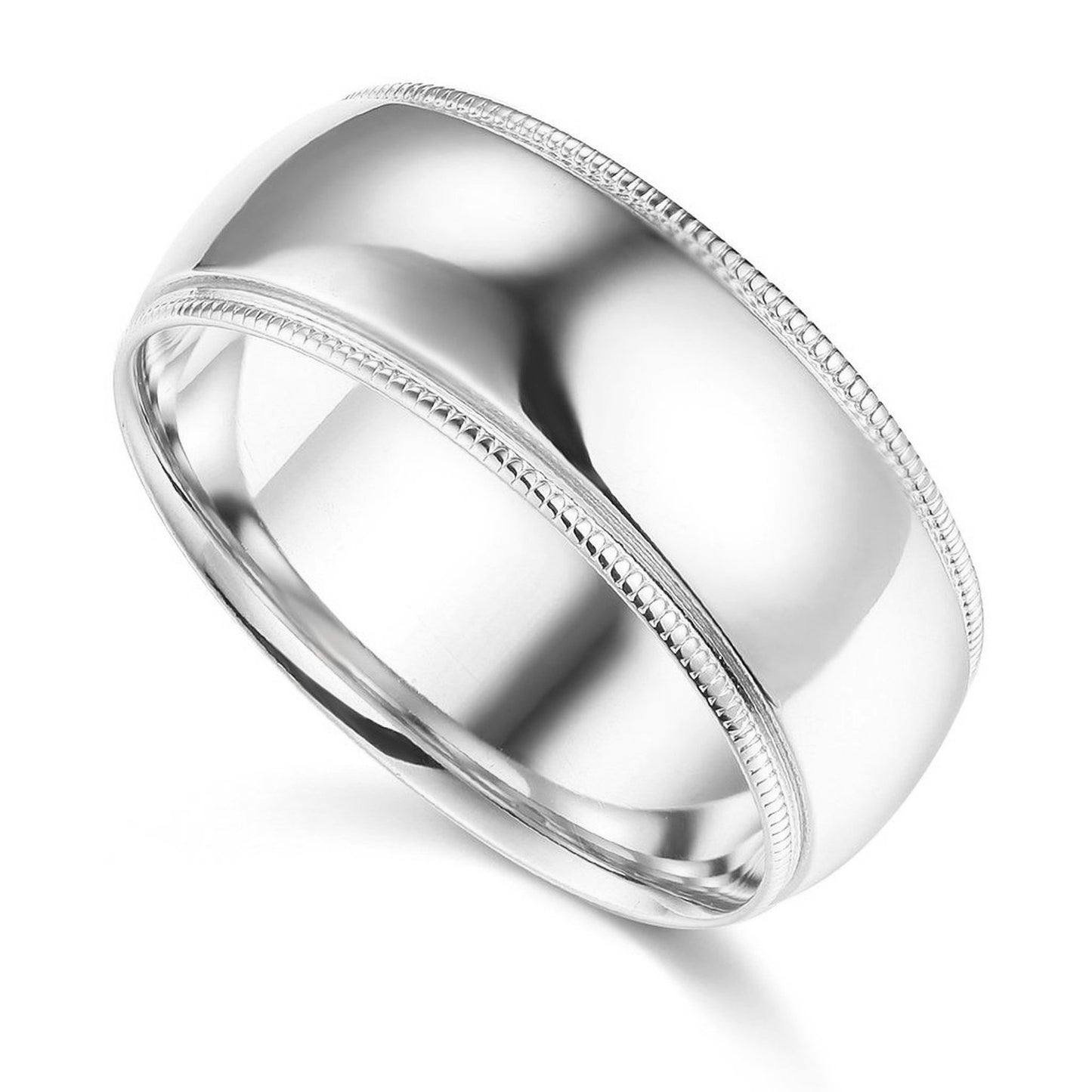 14k White Gold 8mm Unisex Standard-fit Polished Milgrain Wedding Band