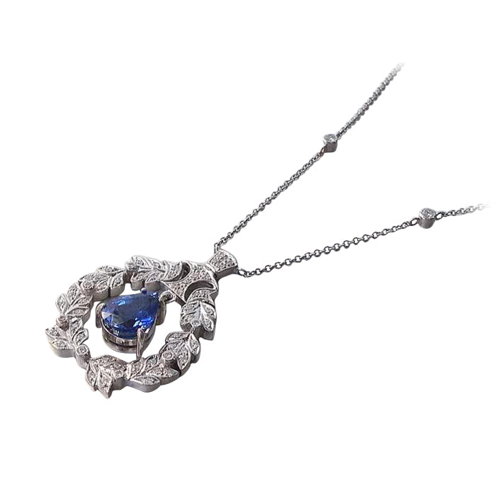 18K White Gold 2.4ct TGW Blue Sapphire and White Diamond Pendant Necklace