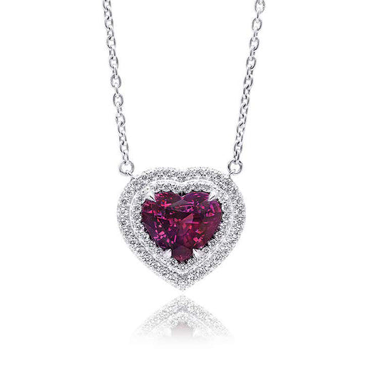 Platinum 7.21ct Red-Purple Sapphires and White Diamond Heart Pendant Necklace