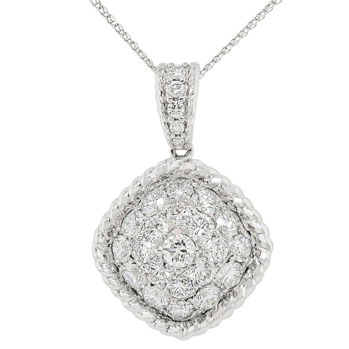 18k White Gold 1-1/3ct TDW White Diamond Square Cluster Pendant Necklace