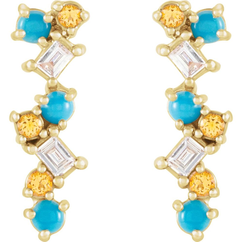 14k Yellow Gold Natural Turquoise, Natural Honey Topaz & 1/10 CTW Natural Diamond Scattered Bar Earrings