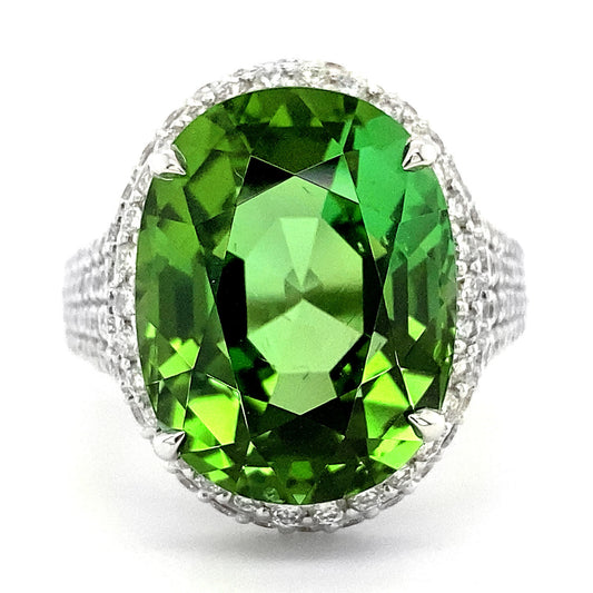 18K White Gold 14.41ct TGW Afghani Green Tourmaline and Diamond Ring