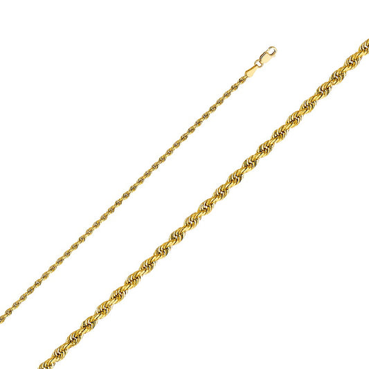 14k Yellow Gold 2.5mm Diamond-cut Solid Rope Unisex Chain Necklace