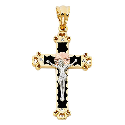 14k Tri-Tone Gold Cubic Zirconia Fancy Crucifix Cross Pendant