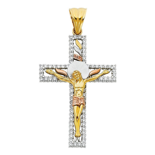 14k Tri-Tone Gold Cubic Zirconia Fancy Crucifix Cross Pendant