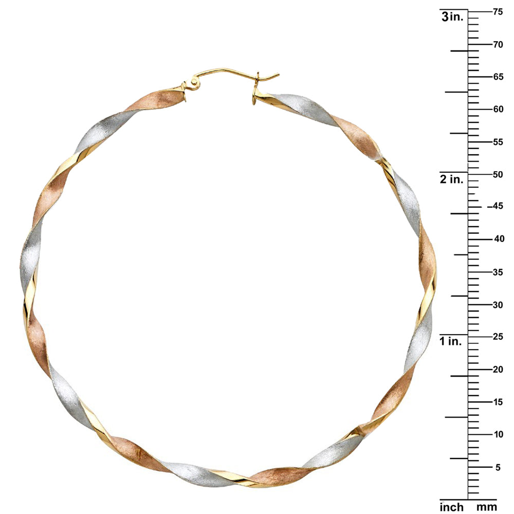 14k Tri-tone Gold Extra Large Twisted Hoop Earrings (65-mm)