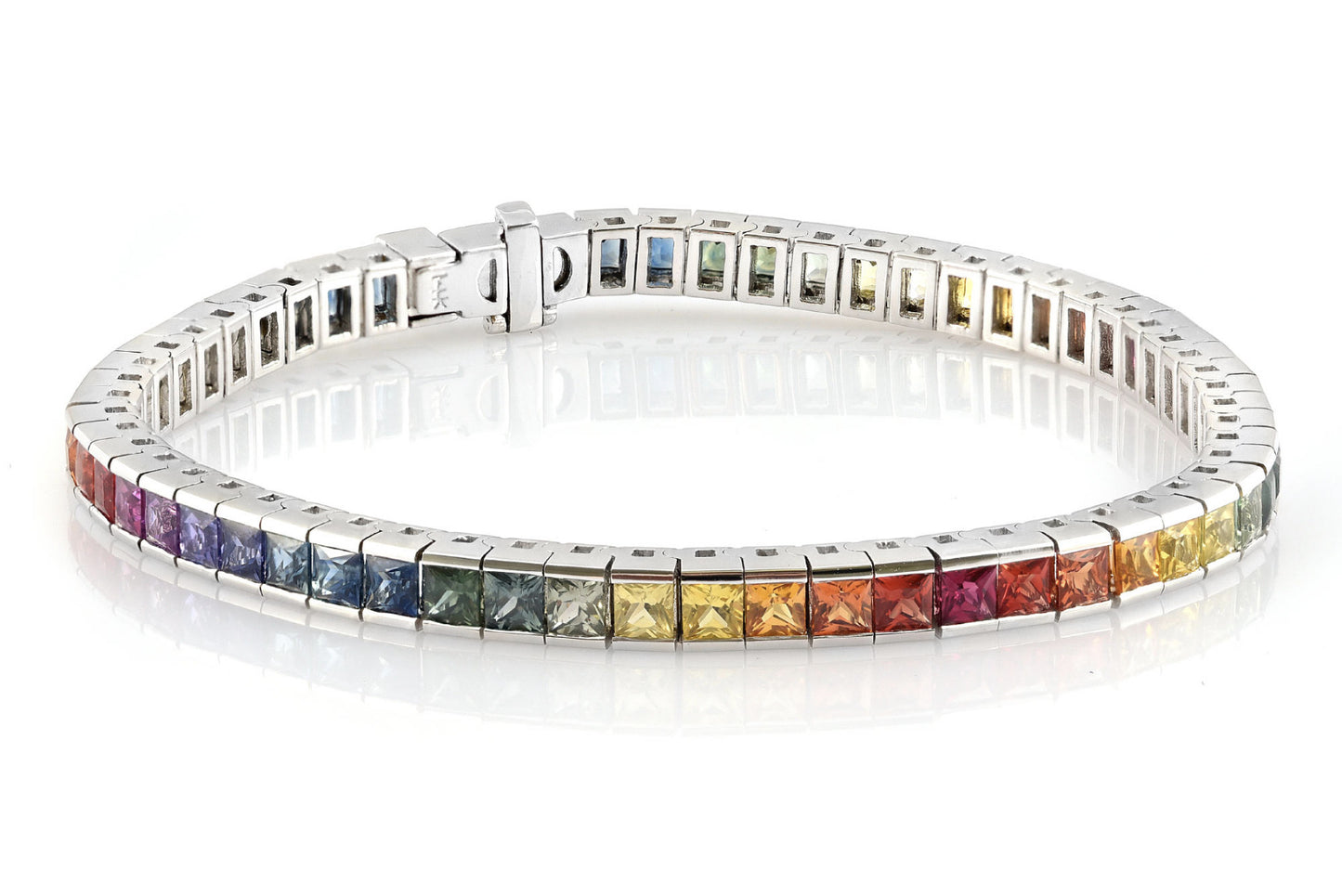 14k White Gold Princess-Cut Rainbow Sapphire 10.12 Carat TGW 7-inch Bracelet