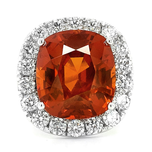 18K White Gold 21.7ct TGW Orange Spessartite Garnet and Diamond Ring