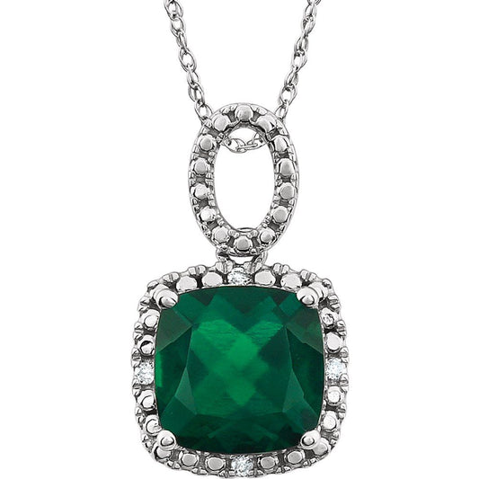 14k White Gold Lab-Grown Emerald & .03 CTW Natural Diamond 18" Necklace