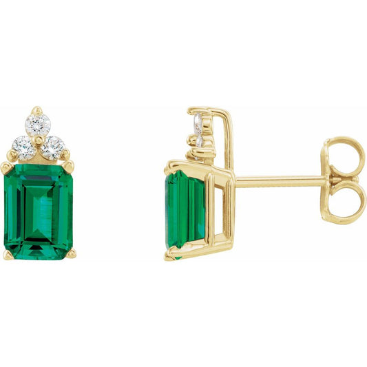 14k Yellow Gold Lab-Grown Emerald & 1/8 CTW Natural Diamond Earrings