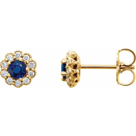 14k Yellow Gold 3.2 mm Natural Blue Sapphire & 1/8 CTW Natural Diamond Earrings