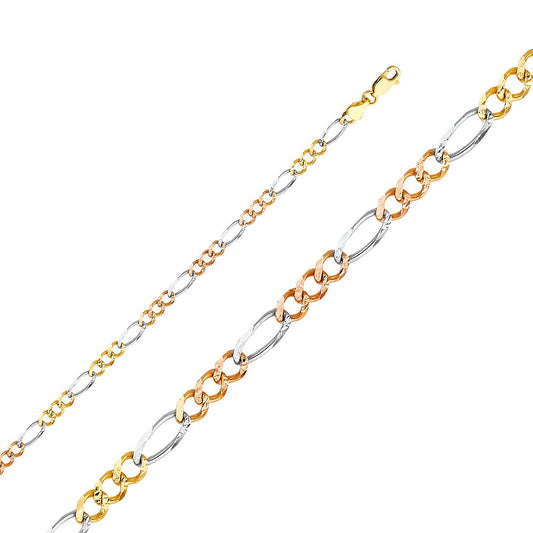 14k Tri-tone Gold 4.6mm Regular Concave 3+1 Figaro Unisex Chain Bracelet (7.5")