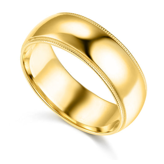 14k Yellow Gold 7mm Unisex Standard-fit Polished Milgrain Wedding Band