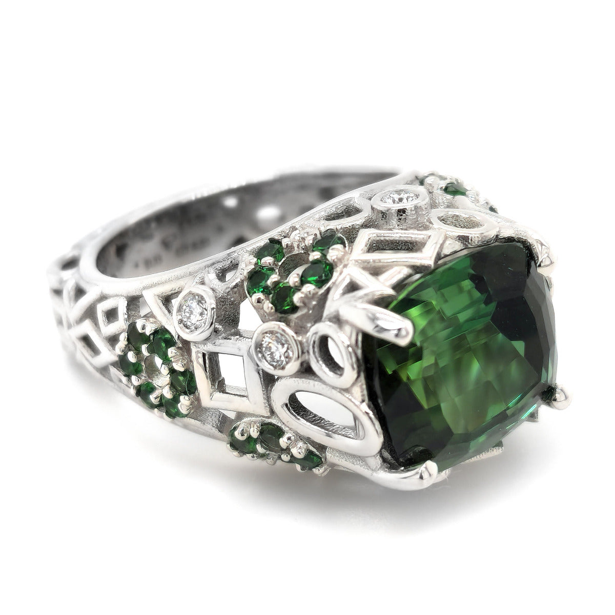 18k White Gold 8.36ct TGW Green Tourmaline and Diamond One-of-a-Kind Ring