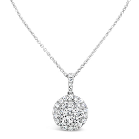 18k White Gold 7/8ct White Diamond Round Cluster Pendant Necklace