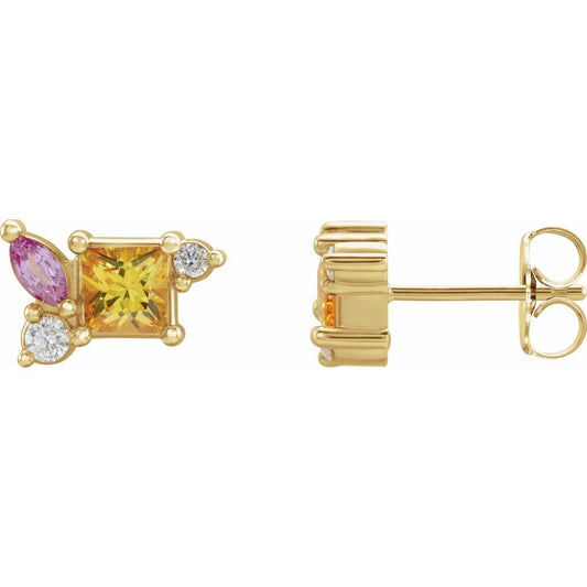 14k Yellow Gold Natural Yellow Sapphire, Natural Pink Sapphire, & 1/8 CTW Natural Diamond Earrings