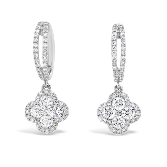 18k White Gold 1.1ct TDW White Diamond Dangling Floral Cluster Earrings