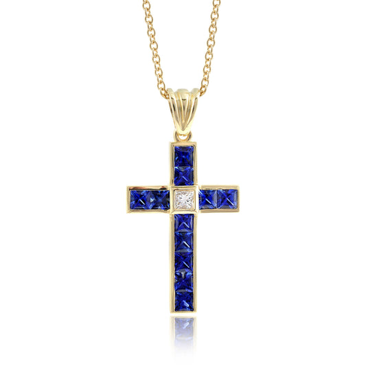 18K Yellow Gold 2.21ct TGW Blue Sapphire and Diamond Cross Necklace