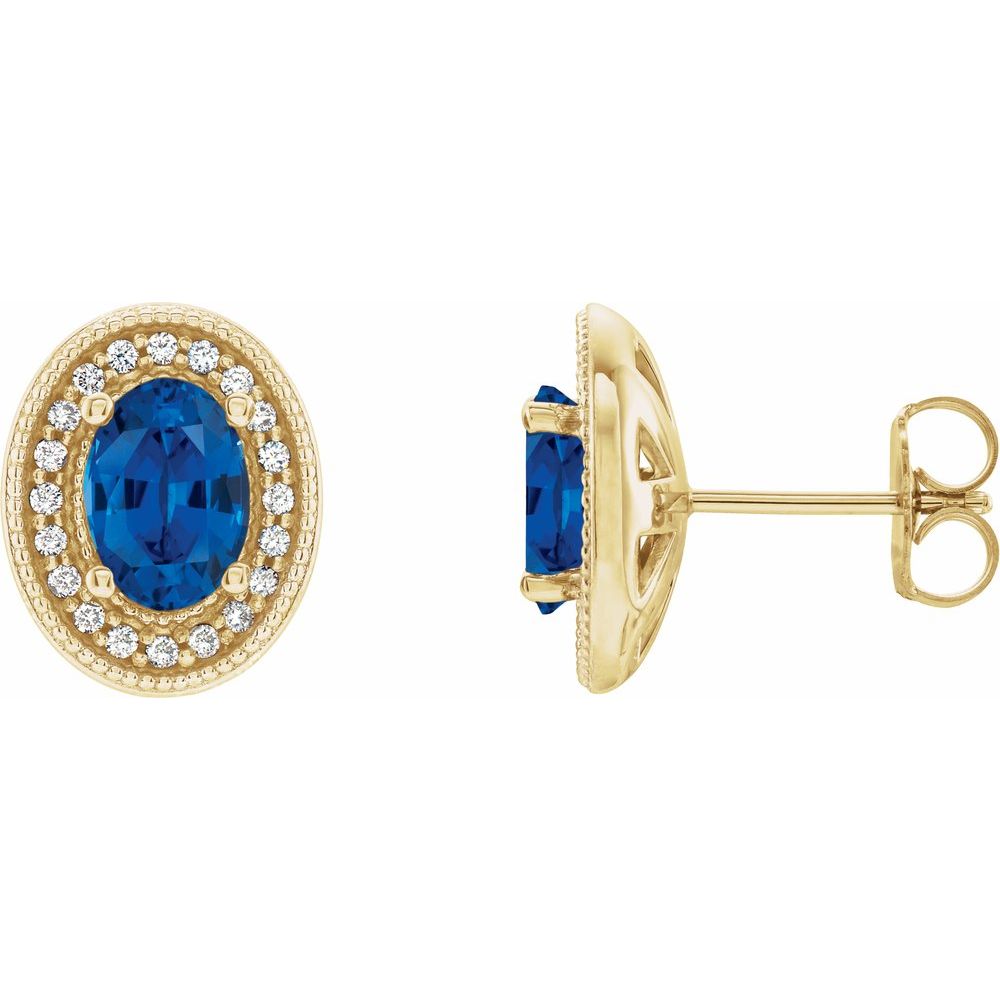 14k Yellow Gold 7x5 mm Natural Blue Sapphire & 1/5 CTW Natural Diamond Halo-Style Earrings