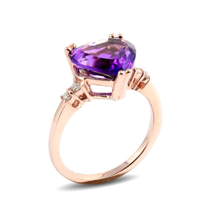 14K Rose Gold 3.71ct TGW Amethyst and Diamonds Heart-Cut One of a Kind Ring